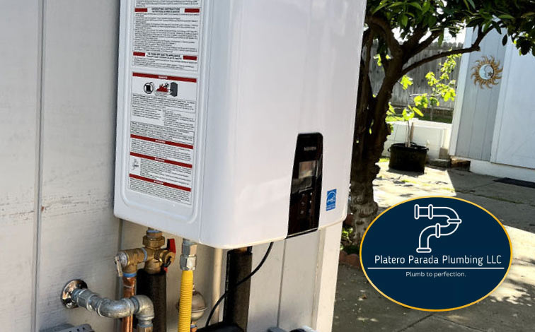 Close-up of a modern tankless water heater with digital controls